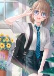  1girl :d arm_up backpack bag bangs black-framed_eyewear black_skirt blue_eyes blue_neckwear blush brick_wall brown_hair collared_shirt commentary_request diagonal-striped_neckwear diagonal_stripes eyebrows_visible_through_hair flower flower_pot glasses highres hyuuga_azuri looking_at_viewer open_mouth original plaid plaid_skirt pleated_skirt purple_flower school_uniform shirt short_sleeves skirt smile solo striped striped_neckwear white_shirt window yellow_flower 