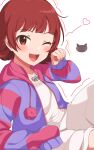  1girl :3 :d bangs blunt_bangs blush dress heart highres idolmaster idolmaster_million_live! idolmaster_million_live!_theater_days inuyama_nanami jacket jewelry looking_at_viewer medium_hair necklace nonohara_akane one_eye_closed open_clothes open_jacket open_mouth paw_pose purple_jacket red_eyes red_hair smile solo white_dress 