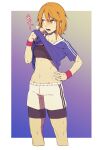  1girl absurdres bike_shorts bike_shorts_under_shorts blush border breasts breath cropped_legs dyun gradient gradient_background hair_between_eyes hand_on_hip highres idolmaster idolmaster_cinderella_girls medium_breasts navel open_mouth orange_eyes orange_hair purple_background purple_shirt shirt short_shorts short_sleeves shorts solo standing stomach strapless sweat tired tubetop white_border white_shorts wristband yuuki_haru 