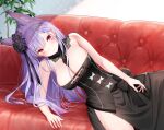  1girl animal_ear_fluff animal_ears arm_support asmr bangs bare_shoulders between_breasts black_dress black_flower black_neckwear breasts cleavage commentary_request couch dress extra_ears eyebrows_visible_through_hair flower fox_ears hair_flower hair_ornament indie_virtual_youtuber indoors kamishiro_natsume large_breasts long_hair looking_at_viewer lying melty+ on_couch plant purple_hair red_eyes sleeveless sleeveless_dress smile solo strapless strapless_dress virtual_youtuber yasuyuki 