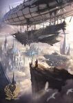  aircraft airship bird blurry blurry_foreground cliff day fantasy glint melonsoda_(shinryoku) original outdoors scenery spire standing 