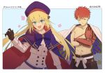  1boy 1girl abs artoria_pendragon_(all) artoria_pendragon_(caster)_(fate) bangs belt black_gloves blonde_hair blue_eyes blue_headwear blush bow buttons cape cloak closed_eyes coat crossed_arms emiya_shirou eyebrows_visible_through_hair fate/grand_order fate_(series) floral_print flower gloves hair_between_eyes hat highres igote kikageee limited/zero_over open_mouth orange_hair sengo_muramasa_(fate) smile toned toned_male two-sided_cloak two-sided_fabric upper_body white_cape 