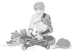  1boy abs branch carving caterpillar commentary_request emiya_shirou fate/grand_order fate_(series) full_body greyscale holding holding_knife holding_weapon igote indian_style knife leaf limited/zero_over mat8k monochrome muscular muscular_male sengo_muramasa_(fate) simple_background sitting smile spiked_hair weapon white_background 