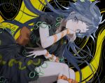  1girl carbonara_hontyotyo covering_mouth dress floating_hair grey_eyes grey_hair highres himemushi_momoyo jewelry long_hair ribbon ring solo tagme touhou very_long_hair 