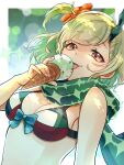  1girl absurdres bikini border bow breasts cleavage eyebrows_visible_through_hair flower food hair_flower hair_ornament hairclip highres holding holding_food licking little_match_girl_(sinoalice) looking_at_viewer red_eyes scarf shaved_ice short_hair side_ponytail sinoalice solo swimsuit tm11056 tongue tongue_out white_border 
