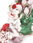  1girl armor armored_dress blood bloody_clothes bow choker dress flower grey_eyes grey_legwear hair_bow hair_bun harp instrument ishikoro1645 kneeling looking_at_viewer off_shoulder parted_lips red_flower red_rose rose sidelocks sinoalice snow_white_(sinoalice) solo thighhighs white_dress zettai_ryouiki 