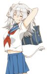  1girl ^_^ alternate_costume animal_ears arms_behind_head bag blue_skirt closed_eyes eyebrows_visible_through_hair grey_hair highres holding holding_bag hololive homura_minori lion_ears lion_girl lion_tail navel sailor_collar school_bag school_uniform serafuku shishiro_botan skirt smile solo tail virtual_youtuber 