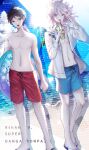  2boys ahoge anniversary bangs beach blue_male_swimwear brown_eyes brown_hair character_print collarbone commentary_request copyright_name cup danganronpa_(series) danganronpa_2:_goodbye_despair danganronpa_s:_ultimate_summer_camp grey_jacket hands_up highres hinata_hajime holding holding_cup hood hood_down hooded_jacket innertube jacket komaeda_nagito long_sleeves looking_at_viewer male_swimwear monomi_(danganronpa) multiple_boys navel official_alternate_costume open_clothes open_jacket outdoors pale_skin palm_tree red_male_swimwear short_hair sun sunlight tree white_jacket z-epto_(chat-noir86) 