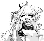  1girl armor asymmetrical_horns azur_lane azur_lane:_slow_ahead box breasts brown_sash chibi chrysanthemum cleavage crying dress flower greyscale hakuryuu_(azur_lane) hori_(hori_no_su) horns japanese_armor large_breasts long_hair miniskirt monochrome ootachi pleated_dress shoes skirt solo suneate tears thigh_strap white_background white_eyes 