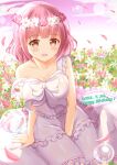  1girl :d bangs blush brown_eyes commentary_request dated dress eyebrows_visible_through_hair flower flower_wreath frilled_dress frills happy_birthday head_wreath highres hoshizaki_akari looking_at_viewer ongeki open_mouth petals pink_flower pink_hair sitting sleeveless sleeveless_dress smile solo strap_slip white_flower zenon_(for_achieve) 