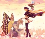  1boy 1girl absurdres artoria_pendragon_(all) artoria_pendragon_(caster)_(fate) black_gloves blonde_hair blue_headwear boots butterfly_wings cape cloak coat crown evening fate/grand_order fate_(series) flower from_side full_body fur-trimmed_cape fur_trim gloves hand_on_another&#039;s_head hat highres holding holding_staff kneeling long_hair morita_yuu oberon_(fate) one_knee pantyhose petals robe silver_hair skirt staff two-sided_fabric wind wind_lift wings 