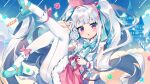  1girl arcaea arm_up bangs blush candy castle character_request chestnut_mouth commentary_request eyebrows_visible_through_hair food fur-trimmed_skirt fur_trim hair_bobbles hair_ornament hairband hairclip holding holding_food knee_up leg_up lollipop long_hair looking_at_viewer pantyhose parted_lips pink_hairband pink_skirt purple_eyes shirt silver_hair skirt sleeveless sleeveless_shirt solo swirl_lollipop thighband_pantyhose twintails very_long_hair wagashi928 white_legwear white_shirt x_hair_ornament 