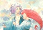  1boy 1girl blush embarrassed feubleu highres huge_filesize james_(pokemon) japanese_clothes jessie_(pokemon) kimono pokemon pokemon_(anime) pokemon_(creature) team_rocket undressing 