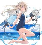  1girl bangs barefoot blonde_hair breasts eyebrows_visible_through_hair from_side highres long_hair looking_at_viewer original poco_(asahi_age) purple_eyes school_swimsuit small_breasts solo swimsuit water water_gun 