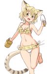  absurdres adapted_costume animal_ears bare_legs barefoot bikini blonde_hair blush bucket cat_ears cat_girl cat_tail commentary_request extra_ears eyebrows_visible_through_hair frilled_bikini frills highres kemono_friends midriff navel open_mouth sand_cat_(kemono_friends) shiraha_maru short_hair smile swimsuit tail trowel yellow_bikini yellow_eyes 