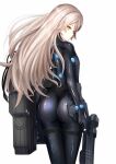  1girl absurdres alternate_costume ass back black_bodysuit bodysuit feet_out_of_frame gantz gantz_suit girls&#039;_frontline guchagucha gun highres holding holding_gun holding_weapon latex_bodysuit light_brown_hair long_hair looking_at_viewer looking_back neon_lights skin_tight smile solo standing ump45_(girls&#039;_frontline) weapon white_background yellow_eyes z-gun 