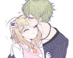  1boy 1girl ahoge akamatsu_kaede amami_rantarou bangs blonde_hair blush bracelet closed_eyes closed_mouth collared_shirt commentary_request danganronpa_(series) danganronpa_v3:_killing_harmony earrings eyebrows_visible_through_hair fc_(efushii) green_hair hair_ornament heart hetero jewelry long_hair long_sleeves messy_hair musical_note_hair_ornament necklace necktie pink_vest ring school_uniform shiny shiny_hair shirt short_hair simple_background smile striped striped_shirt sweater_vest upper_body vest white_background 