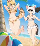  2girls aardwolf_(kemono_friends) aardwolf_ears aardwolf_print aardwolf_tail absurdres alternate_hair_length alternate_hairstyle animal_ears arms_up ball bangs bare_arms bare_shoulders beach beachball bikini bikini_under_clothes black_hair blue_sky bow breasts cleavage colored_inner_hair cutoffs day extra_ears eyebrows_visible_through_hair floating_hair flower flying_sweatdrops grey_eyes hair_between_eyes hair_bow hair_flower hair_ornament highres horizon jewelry jumping kemono_friends long_hair looking_at_another medium_breasts multicolored_hair multiple_girls navel necklace ocean official_alternate_costume open_clothes open_fly open_mouth open_shorts outdoors ponytail print_bikini print_shorts running sandals serval_(kemono_friends) serval_print shell shell_necklace short_hair short_shorts shorts sky smile stomach swimsuit tail toes two-tone_hair water white_hair wonderful_waon yellow_eyes 