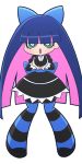  1girl bangs black_dress blue_hair bow breast_squeeze breasts colored_inner_hair dress full_body green_eyes hair_bow long_hair mike_inel multicolored_hair official_style panty_&amp;_stocking_with_garterbelt pink_hair solo stocking_(psg) striped striped_legwear transparent_background two-tone_hair 