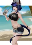  1girl absurdres arknights baseball_cap bikini black_bikini blue_hair blurry breasts bubble_tea bubble_tea_challenge ch&#039;en_(arknights) cup depth_of_field disposable_cup dragon_horns dragon_tail drinking_straw elysion_(16869144) fang female_tourist_c_(arknights) grey_shorts hat highleg highleg_bikini highres holding holding_cup horns horns_through_headwear large_breasts looking_at_viewer navel open_fly red_eyes shorts skin_fang solo swimsuit tail tied_hair 