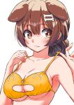  1girl adjusting_clothes adjusting_swimsuit alternate_hairstyle animal_ears bikini bone_hair_ornament braid breasts brown_eyes brown_hair cleavage collarbone dog_ears dog_girl fang hair_ornament highres hololive inugami_korone large_breasts listener_(inugami_korone) sabaku_chitai single_braid solo swimsuit upper_body virtual_youtuber yellow_bikini 