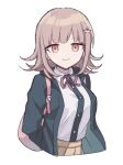  1girl arm_behind_back backpack bag bangs black_jacket black_shirt brown_skirt collared_shirt danganronpa_(series) danganronpa_2:_goodbye_despair flipped_hair hair_ornament hairclip haizai hood jacket looking_at_viewer medium_hair nanami_chiaki neck_ribbon open_clothes open_jacket pink_bag pink_eyes ribbon shiny shiny_hair shirt shirt_tucked_in skirt smile solo spaceship_hair_ornament two-tone_shirt 