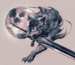  absurdres dark_souls_i full_moon great_grey_wolf_sif grey_background highres looking_at_viewer monochrome moon mouth_hold no_humans shimhaq simple_background solo souls_(series) sword weapon wolf 