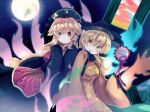  2girls aura bangs belt black_belt black_dress black_headwear black_sleeves blonde_hair blue_sky breasts cape chinese_clothes cloud cloudy_sky crescent detached_sleeves door dress drum energy hair_between_eyes hand_up hat holding ikasoba instrument junko_(touhou) long_sleeves looking_at_another looking_at_viewer matara_okina medium_breasts moon mountain multiple_girls night night_sky open_mouth orange_cape orange_sky orange_sleeves pom_pom_(clothes) red_eyes red_vest sky smile star_(sky) starry_sky sun_symbol sunset touhou vest wide_sleeves yellow_eyes 