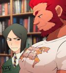  2boys bara beard blush bookshelf breast_envy bursting_pectorals contemporary facial_hair fate/grand_order fate/zero fate_(series) from_side highres iskandar_(fate) large_pectorals looking_at_another looking_down male_focus mature_male meme multiple_boys muscle_envy muscular muscular_male official_style pectoral_envy_(meme) pectoral_focus pectorals red_eyes red_hair shirt short_hair smile smug t-shirt tight tight_shirt trashcanprince upper_body waver_velvet white_shirt yaoi 