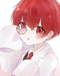  1boy aho_no_sakata doctor highres looking_at_viewer male_focus monocle multiple_boys necktie niconico open_mouth piinachu red_eyes red_hair shirt solo starmyu urashimasakatasen utaite_(singer) white_background 