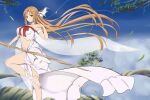  1girl asuna_(sao) bare_shoulders barefoot blue_sky blush braid breasts brown_eyes brown_hair cloud elf gray_(hui_tong) highres large_breasts leaf long_hair navel pointy_ears side_braid sky solo standing standing_on_one_leg sword_art_online titania_(sao) tree tree_branch very_long_hair 