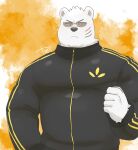  1boy animal_ears bara bear_boy bear_ears black_jacket character_request frown furry highres jacket large_pectorals looking_at_viewer male_focus muscular muscular_male odd_taxi pectorals short_hair solo sunglasses upper_body white_fur yanutorie 