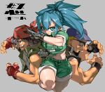  1girl 2boys background_text bandana bangs baseball_cap black_hair blonde_hair blue_eyes blue_hair clark_still clenched_hand fingerless_gloves gloves green_jacket green_shorts hat ikari_warriors jacket leona_heidern long_hair military military_uniform multiple_boys ponytail ralf_jones shorts soldier sunglasses the_king_of_fighters tied_hair uniform vest ysk! 