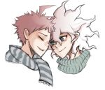  2boys :d ahoge bangs blue_eyes blush brown_hair closed_eyes cropped_shoulders danganronpa_(series) danganronpa_2:_goodbye_despair english_commentary grey_eyes grey_hair hair_between_eyes head_to_head highres hinata_hajime komaeda_nagito male_focus messy_hair multiple_boys open_mouth scarf short_hair simple_background smile striped striped_scarf upper_teeth white_background yandr4hope yaoi 