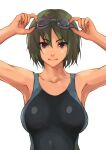  1girl adjusting_goggles armpits bangs black_swimsuit blue_swimsuit bob_cut breasts brown_eyes commentary competition_swimsuit goggles green_hair hands_on_own_head hands_up large_breasts light_smile looking_at_viewer nude one-piece_swimsuit original short-hair short_hair simple_background solo swimsuit tomboy tomoshiki white_background 