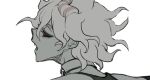  1boy bangs black_sclera collar colored_sclera danganronpa_(series) danganronpa_2:_goodbye_despair demon_boy demon_horns fang from_behind grey_hair highres horns komaeda_nagito messy_hair metal_collar monochrome open_mouth portrait profile red_eyes simple_background solo spot_color symbol_commentary white_background yandr4hope 
