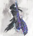  1boy beard bloodborne closed_mouth crossover facial_hair from_side guitar hat highres hunter_(bloodborne) instrument long_hair male_focus monochrome monster_hunter_(series) profile purple_theme shimhaq solo standing weapon weapon_on_back 
