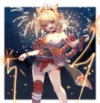  1girl :d absurdres bandaged_arm bandaged_leg bandages bangs blurry bracelet breasts choker cleavage collarbone commentary_request depth_of_field dual_wielding eyebrows_visible_through_hair fireworks genshin_impact gloves hair_between_eyes hair_ornament highres holding japanese_clothes jewelry kino_(m6t2a) light_brown_eyes light_brown_hair long_hair looking_at_viewer open_mouth rope sarashi shimenawa sidelocks single_glove smile solo sparkler tattoo wide_sleeves yoimiya_(genshin_impact) 