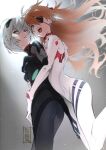  2girls absurdres ayanami_rei bangs black_bodysuit blue_eyes blue_hair bodysuit breasts brown_hair evangelion:_3.0+1.0_thrice_upon_a_time eyepatch gloves gradient gradient_background hair_ornament highres hug hug_from_behind interface_headset long_hair long_sleeves looking_at_viewer medium_breasts multiple_girls neon_genesis_evangelion official_art plugsuit rebuild_of_evangelion red_eyes scan shiny shiny_hair short_hair simple_background skin_tight smile souryuu_asuka_langley tanaka_masayoshi white_bodysuit 