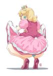  1girl automatic_giraffe blonde_hair blue_eyes clothes_lift crown dress dress_lift earrings elbow_gloves gloves jewelry long_hair looking_at_viewer looking_back mario_(series) panties pink_dress princess_peach simple_background smile solo thighhighs underwear white_background white_gloves 