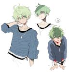  1boy amami_rantarou antenna_hair bangs blood closed_mouth collarbone danganronpa_(series) danganronpa_v3:_killing_harmony earrings green_eyes green_hair hair_between_eyes hand_in_hair jewelry looking_at_viewer male_focus multiple_views nabu_(d4ng4nn6bu12) necklace pants shirt short_hair simple_background sleeves_past_elbows smile striped striped_shirt sweat unfinished white_background 