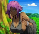  1girl arms_behind_back bent_over black_choker bleach breasts brown_eyes choker cleavage dark-skinned_female dark_skin day grey_hakama hakama hanging_breasts highres hip_vent japanese_clothes kitzu_art landscape large_breasts looking_at_viewer no_bra outdoors purple_hair ribbon_choker shihouin_yoruichi short_hair sideboob solo sweat 