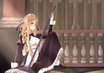  1girl alternate_costume apron asuna_(sao) black_footwear black_ribbon braid brown_eyes brown_hair crown_braid enmaided gloves gray_(hui_tong) highres long_hair maid maid_apron maid_headdress mop neck_ribbon on_floor ribbon semi-rimless_eyewear signature sitting solo sword_art_online under-rim_eyewear white_gloves white_legwear 