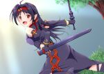  1girl ahoge armor blush breastplate detached_sleeves dutch_angle fingerless_gloves gloves grey_background looking_at_viewer pointy_ears purple_hair red_eyes red_hair smile solo sword sword_art_online teto0315 tongue tree weapon yuuki_(sao) 