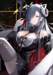  1girl absurdres alternate_costume animal_ears august_von_parseval_(azur_lane) azur_lane black_jacket blue_eyes blue_hair breasts cleavage closed_mouth cross cross_necklace eyebrows_visible_through_hair fake_animal_ears fur gloves hair_over_eyes highres holding holding_scepter horns huge_filesize jacket jewelry large_breasts long_hair looking_at_viewer necklace one_eye_covered sankyo_(821-scoville) scepter sitting solo starry_background thighhighs white_gloves white_legwear 