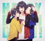  3boys :d ;) ^_^ background_text bangs black_hair black_jacket black_pants blue_shirt brothers chisumi closed_eyes closed_mouth collarbone collared_shirt commentary_request eyebrows_visible_through_hair gift green_eyes grey_background grin hair_between_eyes hand_on_another&#039;s_head happy_birthday highres holding holding_gift hypnosis_mic jacket jewelry layered_sleeves long_sleeves male_focus mole mole_under_mouth multiple_boys one_eye_closed open_clothes open_jacket open_mouth outline pants ring shirt short_over_long_sleeves short_sleeves siblings smile star_(symbol) white_outline white_shirt yamada_ichirou_(hypnosis_mic) yamada_jirou yamada_saburou yellow_shirt 