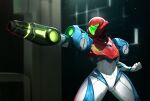  1girl aiming arm_cannon clenched_hand furrowed_brow helmet highres light_particles metroid metroid_dread pose power_armor robert_koh samus_aran weapon 