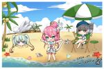  3girls :d :o australia bangs beach beach_chair beach_umbrella beret blue_eyes blue_headwear bronya_zaychik bronya_zaychik_(valkyrie_chariot) chibi closed_mouth coconut crossed_legs dress drill drinking_straw dspring426 full_body grey_eyes grey_hair hair_between_eyes hair_ornament hat highres holding homu_(honkai_impact) honkai_(series) honkai_impact_3rd horns liliya_olenyeva long_hair looking_at_viewer multiple_girls ocean open_mouth outstretched_arms palm_tree pink_hair rozaliya_olenyeva sand seashell shadow shell siblings single_horn sitting sleeveless smile starfish summer summer_uniform sundress table tail tree twins twintails umbrella 