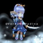  absurdres arm_guards armor armored_dress black_background breastplate chibi clenched_teeth fan genshin_impact highres holding holding_sword holding_weapon japanese_armor jewelry kamisato_ayaka light_blue_hair neck_ring ponytail ribbon snowflakes sword teeth twitter_username verdana_medina weapon 
