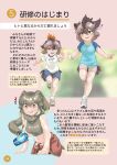  3girls absurdres beige_shorts bird_girl bird_tail blonde_hair blue_eyes blue_shirt blue_shorts bracelet can clothes_around_waist cosplay elephant_ears elephant_girl eyebrows_visible_through_hair feather_hair_ornament feathers greater_roadrunner_(kemono_friends) greater_roadrunner_(kemono_friends)_(cosplay) green_eyes green_hair green_shirt grey_hair hair_ornament head_wings highres jacket jacket_around_waist japari_symbol jewelry kemono_friends multicolored_hair multiple_girls original red_hair red_jacket running shirt shoes short_hair short_shorts shorts sleeveless sneakers soda_can tail tank_top toki_reatle track_jacket translation_request two-tone_shirt wall_of_text white_shirt yellow_eyes 